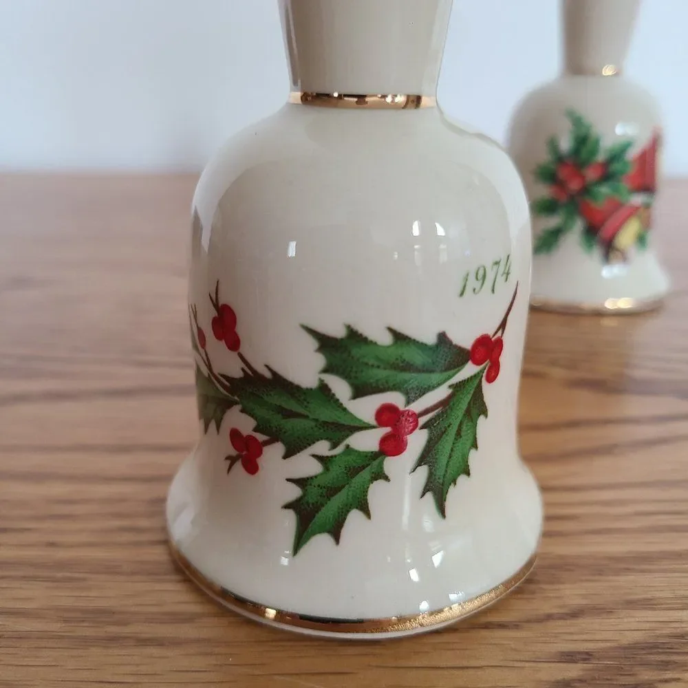Vintage 1974 and 1975 Porcelain Ceramic Christmas Holiday Hand Dinner Bells